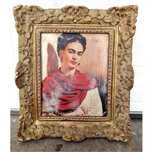 Frida Kahlo Portrait Mixed Media Small Art Work on Canvas Gold Framed Distressed